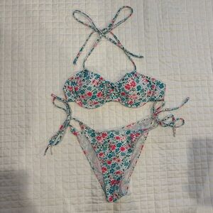 SHEIN Floral Tie Bikini in White, Pink, Green